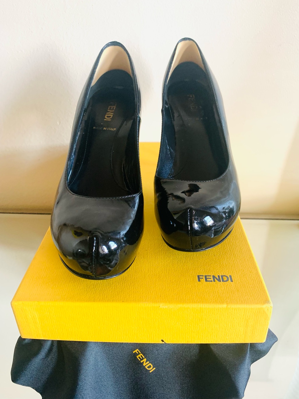Fendi Signature Black Patent “F” Logo Heel Platform Stiletto Pump-4.5/35-Rare!!